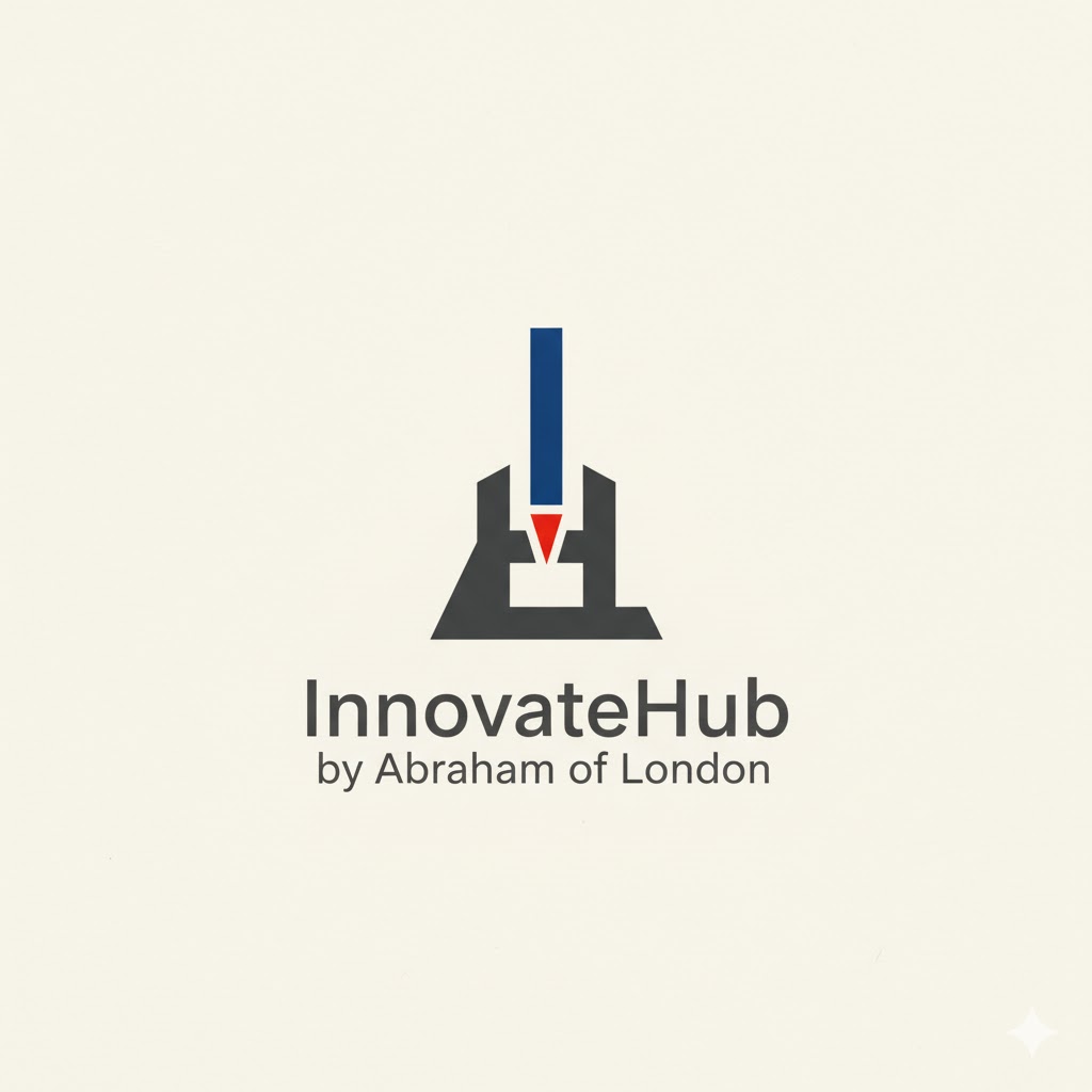 InnovateHub logo: geometric mark with blue and red accents, by Abraham of London